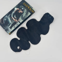 JAZZWIGS Raw Vietnamese body wave hair bundle in natural black, full view beside a product card.