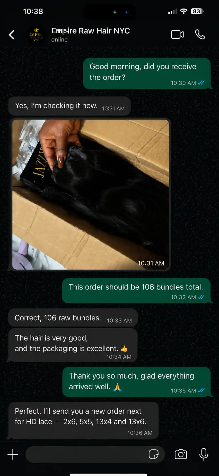 New York wholesale buyer feedback confirming 106 JazzWigs Raw Hair bundles and product quality