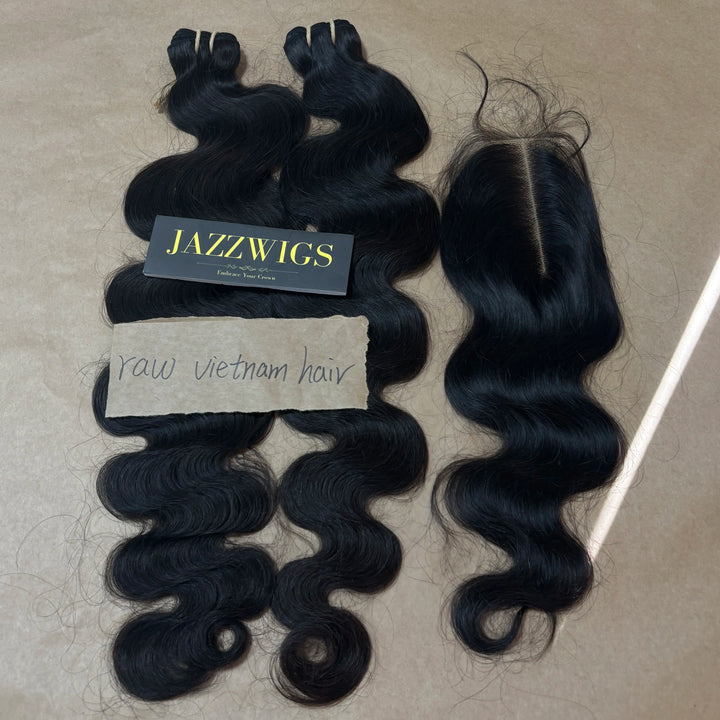 2 Raw Vietnamese Body Wave Hair Bundles with 2×6 HD Lace Closure