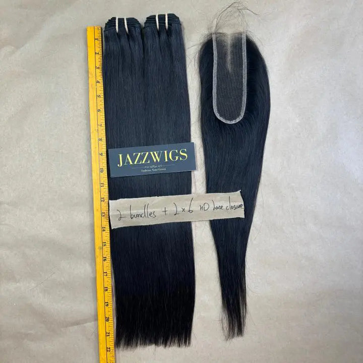 2 Raw Vietnamese Straight Hair Bundles with 2×6 HD Lace Closure