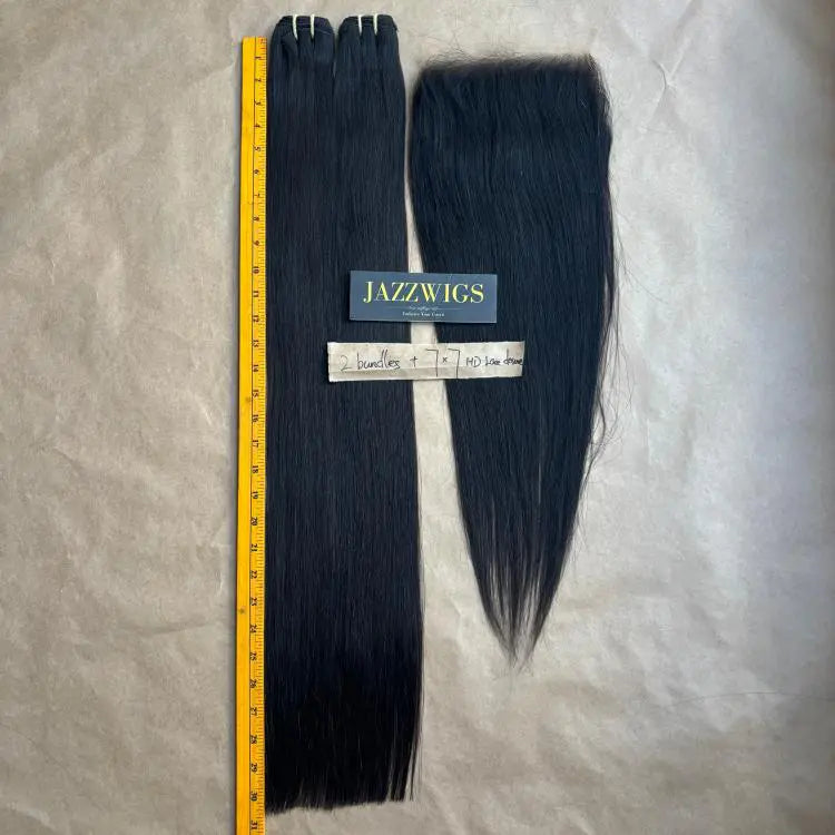 2 Raw Vietnamese Straight Hair Bundles with 7×7 HD Lace Closure