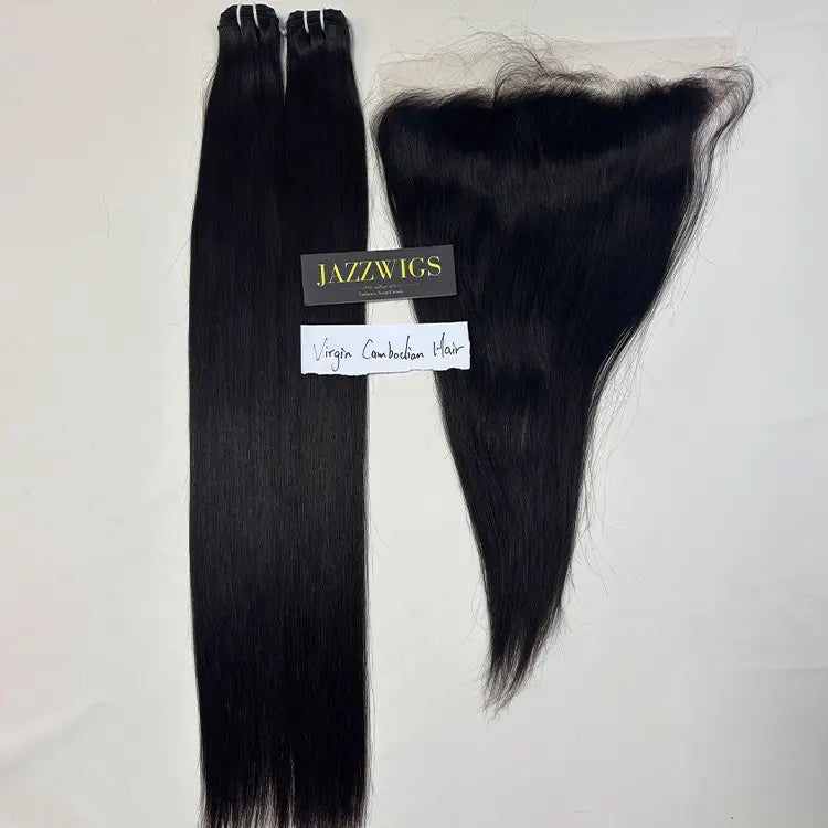 Virgin Cambodian Straight Hair 2 Bundle Deal with 13×4 HD Lace Frontal