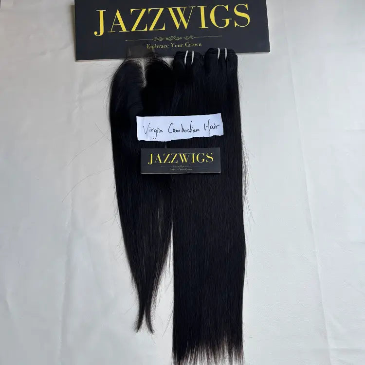Virgin Cambodian Straight Hair 2 Bundle Deal with 2×6 HD Lace Closure