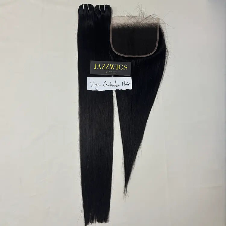 Virgin Cambodian Straight Hair 2 Bundle Deal with 7×5 HD Lace Closure