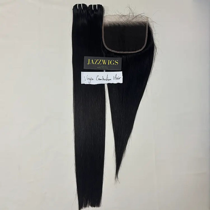 Virgin Cambodian Straight Hair 2 Bundle Deal with 7×5 HD Lace Closure