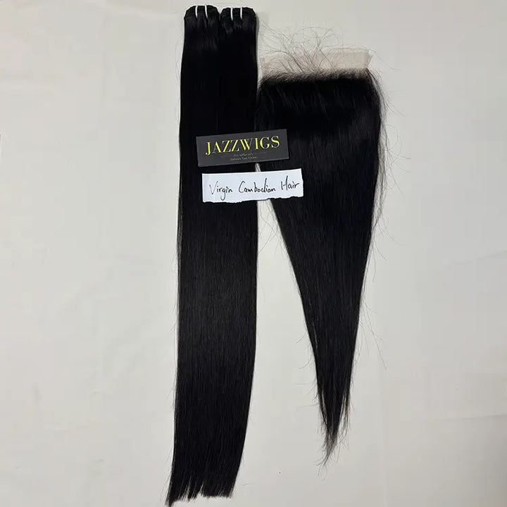 Virgin Cambodian Straight Hair 2 Bundle Deal with 7×7 HD Lace Closure