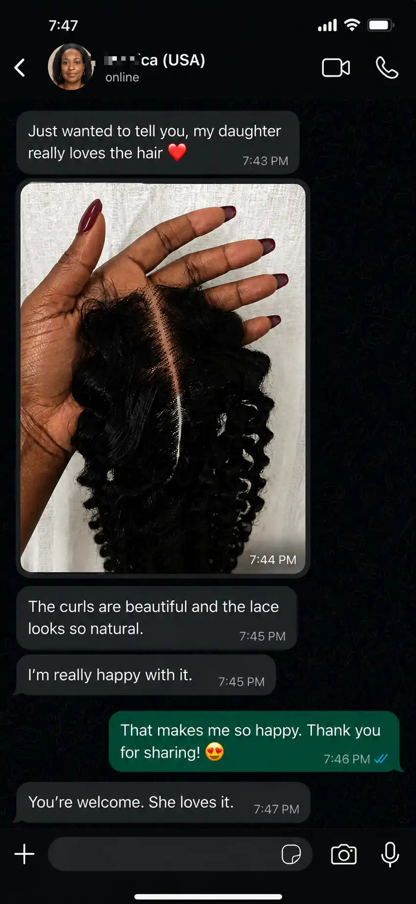 U.S. customer feedback showing natural-looking 2x6 HD lace curly hair