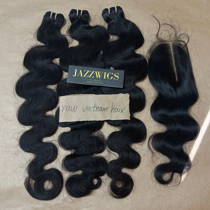 3 Raw Vietnamese Body Wave Hair Bundles with 2×6 HD Lace Closure