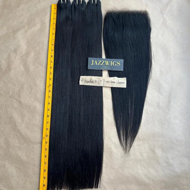 3 Raw Vietnamese Straight Hair Bundles with 7×7 HD Lace Closure