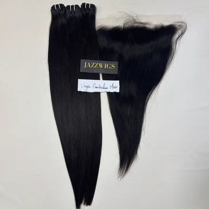 Virgin Cambodian Straight Hair 3 Bundle Deal with 13×4 HD Lace Frontal