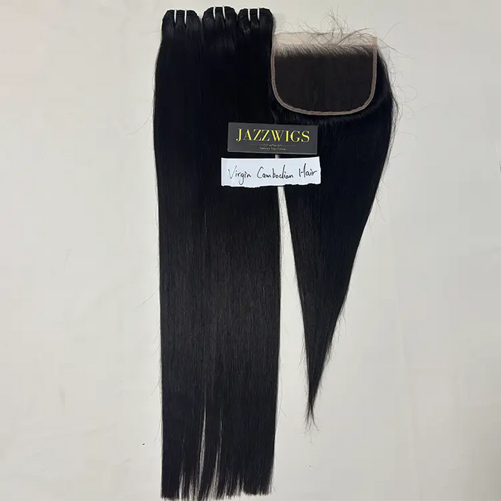 Virgin Cambodian Straight Hair 3 Bundle Deal with 7×5 HD Lace Closure