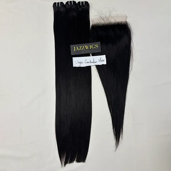 Virgin Cambodian Straight Hair 3 Bundle Deal with 7×7 HD Lace Closure