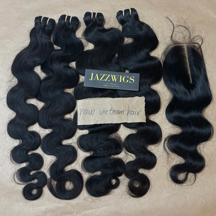 4 Raw Vietnamese Body Wave Hair Bundles with 2×6 HD Lace Closure