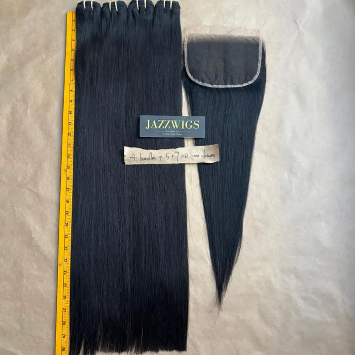 4 Raw Vietnamese Straight Hair Bundles with 7×5 HD Lace Closure