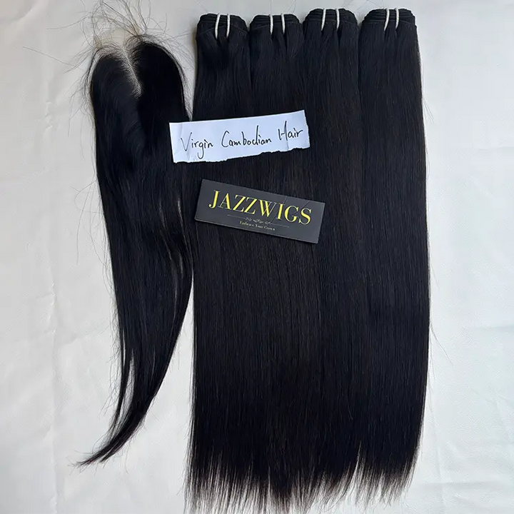 Virgin Cambodian Straight Hair 4 Bundle Deal with 2×6 HD Lace Closure