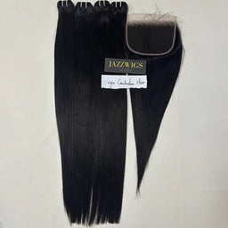 Virgin Cambodian Straight Hair 4 Bundle Deal with 7×5 HD Lace Closure