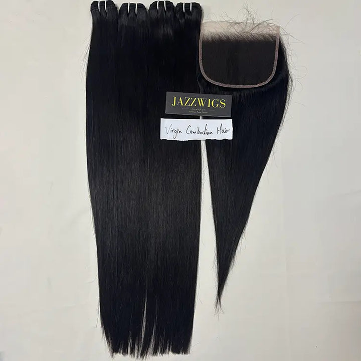 Virgin Cambodian Straight Hair 4 Bundle Deal with 7×5 HD Lace Closure
