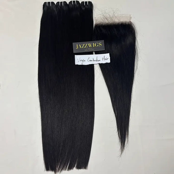 Virgin Cambodian Straight Hair 4 Bundle Deal with 7×7 HD Lace Closure