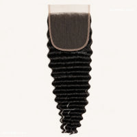 Natural black 5x5 HD lace closure deep wave human hair for wig making and salon use.