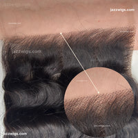 HD lace detail on deep wave human hair closure in natural black.