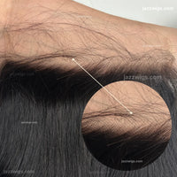 HD lace detail on body wave human hair closure in natural black.