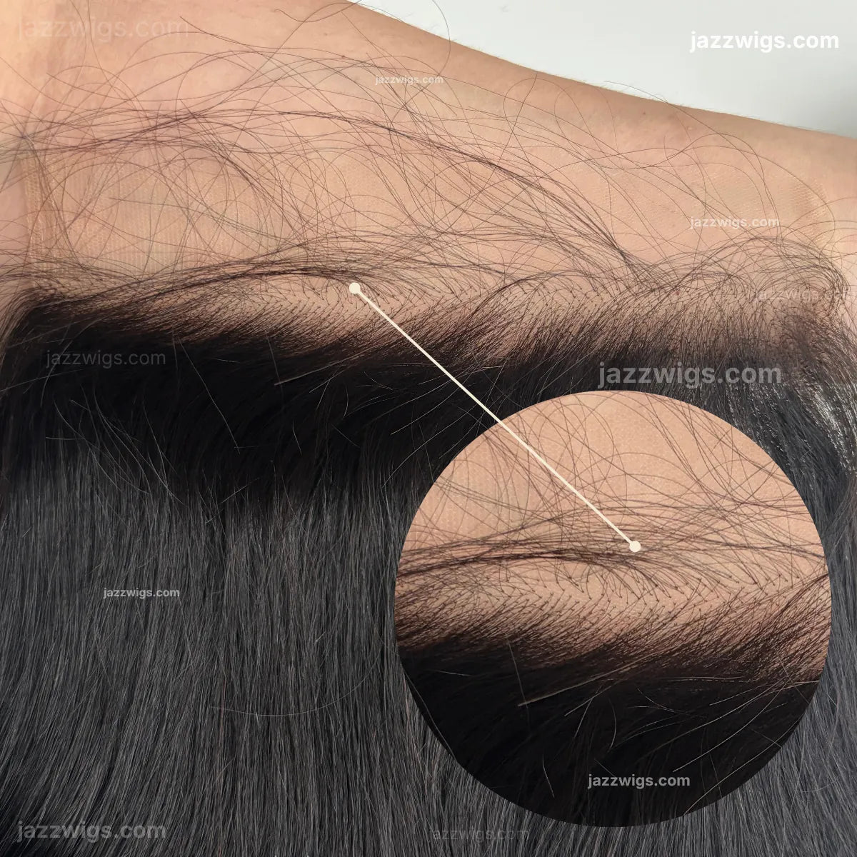 HD lace detail on straight human hair closure in natural black.