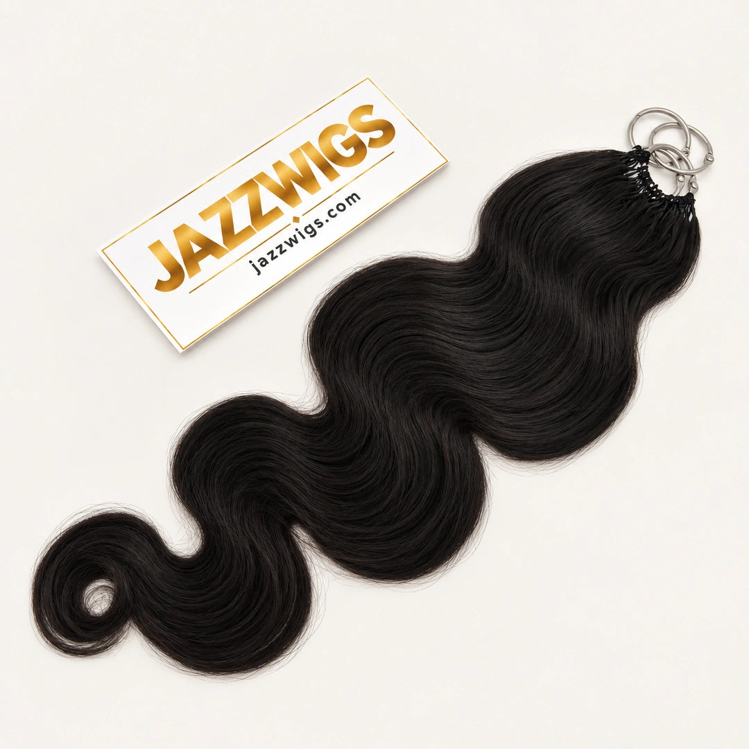 JAZZWIGS #1B Natural Black Body Wave Feather Crochet Human Hair — Full view on a clean background