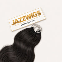 JAZZWIGS #1B Natural Black Body Wave Feather Crochet Human Hair — Top attachment and hair texture detail