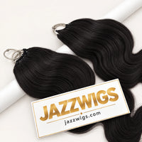 JAZZWIGS #1B Natural Black Body Wave Feather Crochet Human Hair — Close-up of hair texture and shine