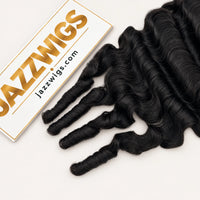 JAZZWIGS #1B Natural Black Burmese Water Curly Feather Crochet Human Hair — Close-up of curl ends