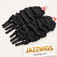 JAZZWIGS #1B Natural Black Burmese Water Curly Feather Crochet Human Hair — Two hair sections displayed side by side