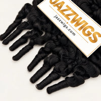 JAZZWIGS #1B Natural Black Burmese Water Curly Feather Crochet Human Hair — Detailed view of the curl pattern