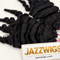 JAZZWIGS #1B Natural Black Burmese Water Curly Feather Crochet Human Hair — Close-up of curls and hair texture
