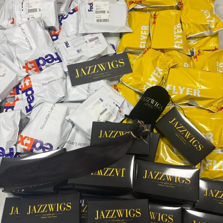 JazzWigs raw hair wholesale vendor daily bulk shipping orders showing secure packaging and fast delivery