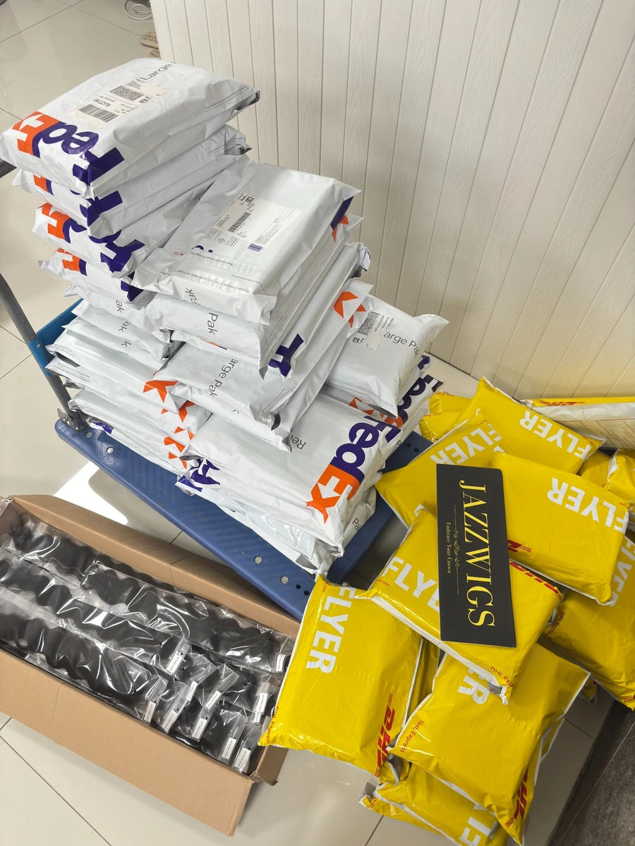 JazzWigs FedEx and DHL hair packages prepared for worldwide shipping