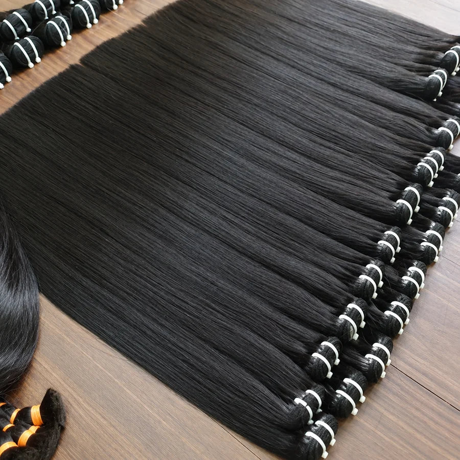 JazzWigs finished human hair bundles prepared for final quality control and packaging