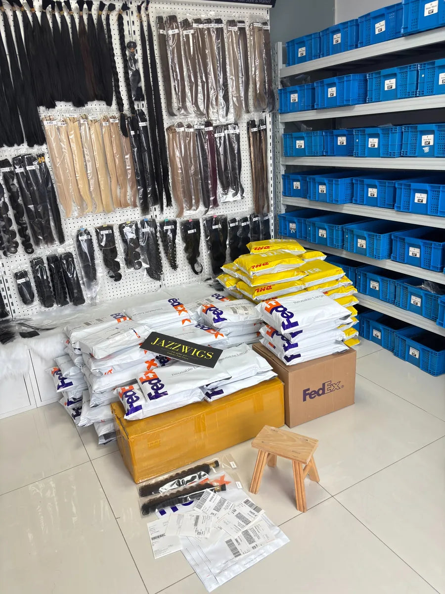JazzWigs hair warehouse with wholesale orders prepared for shipping