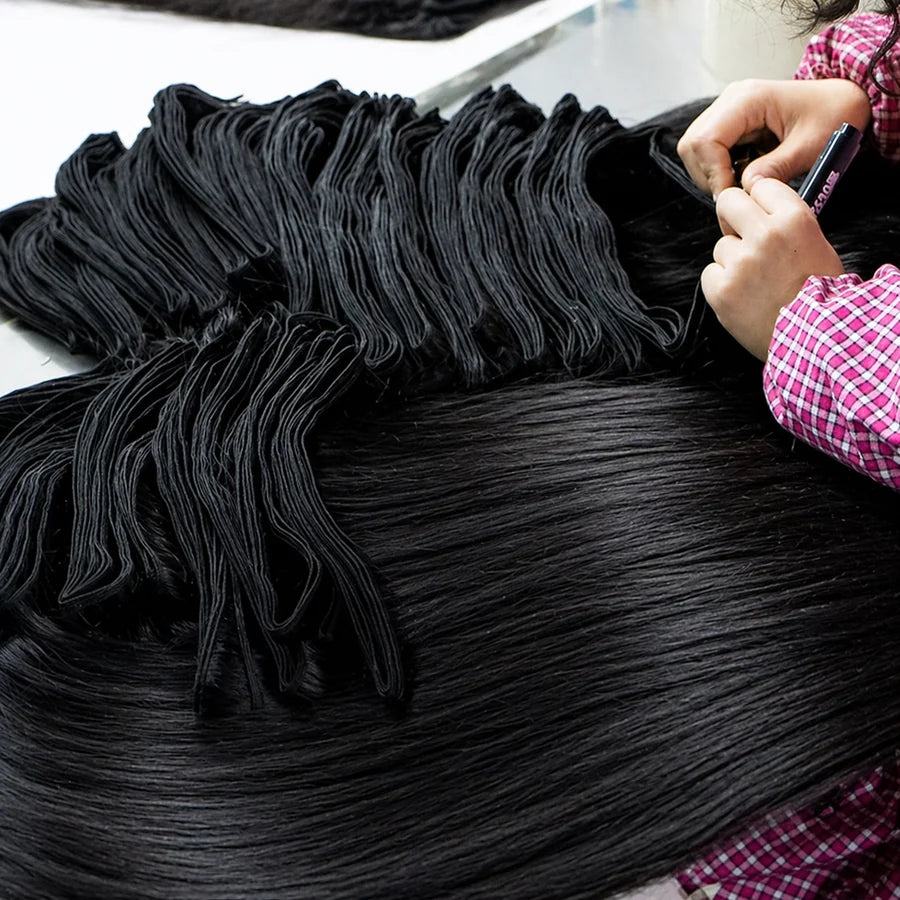JazzWigs worker combing and aligning human hair during bundle production