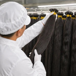 JazzWigs worker inspecting human hair quality for wholesale orders