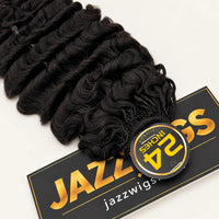 Close-up of #1B Burmese Curly Feather Crochet human hair attachment ends and curl pattern