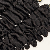 Detailed curl pattern of #1B natural black Burmese Curly Feather Crochet human hair
