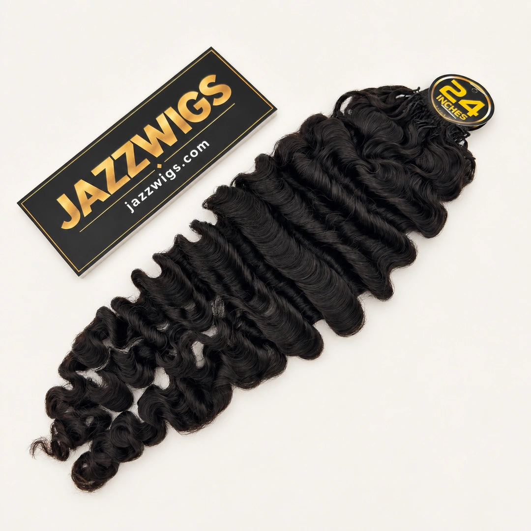 JAZZWIGS #1B natural black Burmese Curly Feather Crochet human hair, one pack shown in 24 inches
