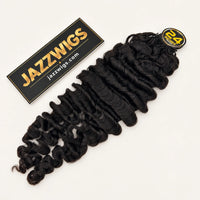 JAZZWIGS #1B natural black Burmese Curly Feather Crochet human hair, one pack shown in 24 inches