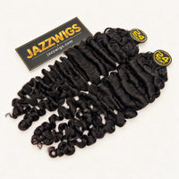 Two packs of #1B Burmese Curly Feather Crochet human hair shown for volume comparison; sold per pack