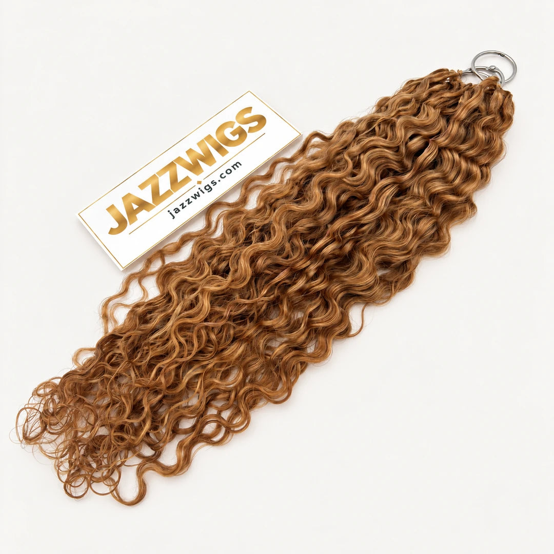 JAZZWIGS #27 Honey Blonde Burmese Curly Feather Crochet Human Hair, full-length product view on a clean light background