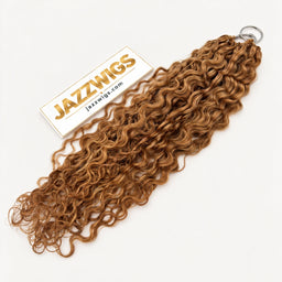 JAZZWIGS #27 Honey Blonde Burmese Curly Feather Crochet Human Hair, full-length product view on a clean light background