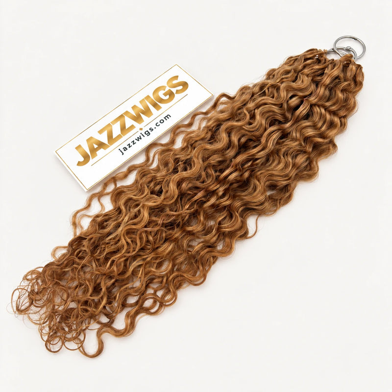 JAZZWIGS #27 Honey Blonde Burmese Curly Feather Crochet Human Hair, full-length product view on a clean light background