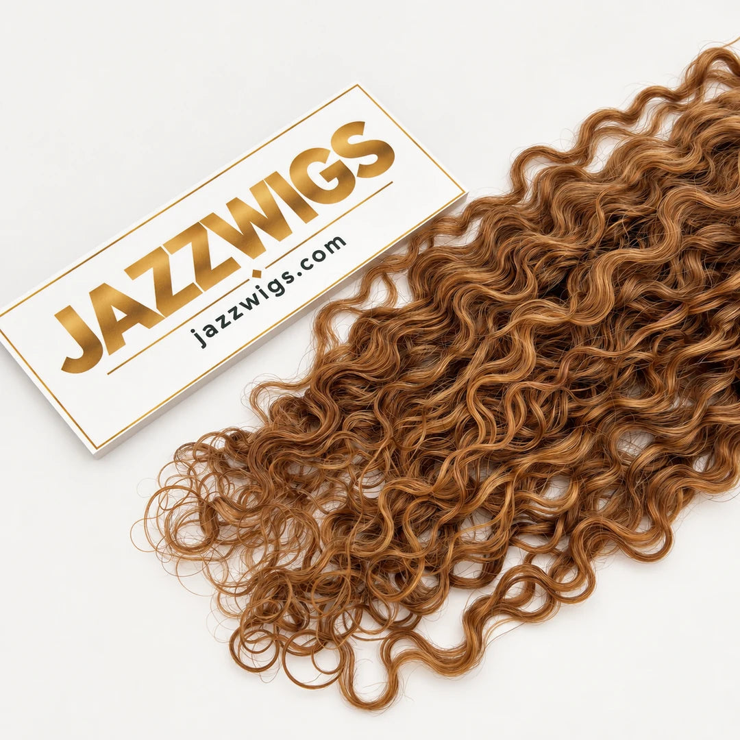 JAZZWIGS #27 Honey Blonde Burmese Curly Feather Crochet Human Hair, close-up of the curly texture and ends