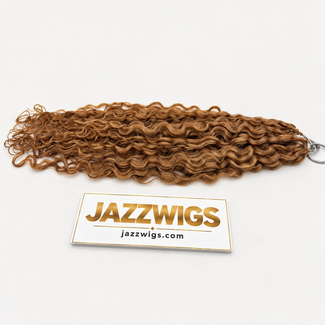JAZZWIGS #27 Honey Blonde Burmese Curly Feather Crochet Human Hair, horizontal full-length product view