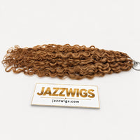 JAZZWIGS #27 Honey Blonde Burmese Curly Feather Crochet Human Hair, horizontal full-length product view